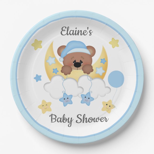 Teddy Bear Moon Clouds Stars Baby Boy Shower Paper Plate (Front)