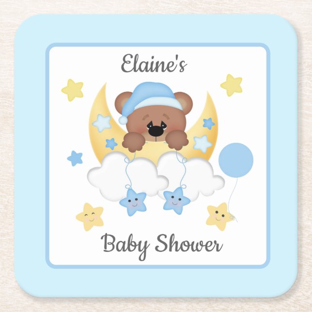 Teddy Bear Moon Clouds Stars Baby Boy Shower Square Paper Coaster (Front)