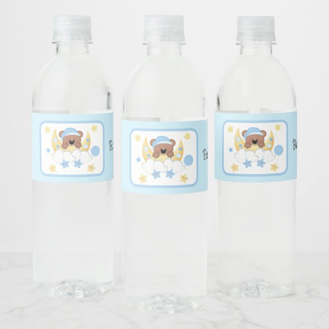Teddy Bear Moon Clouds Stars Baby Boy Shower Water Bottle Label (Bottles)