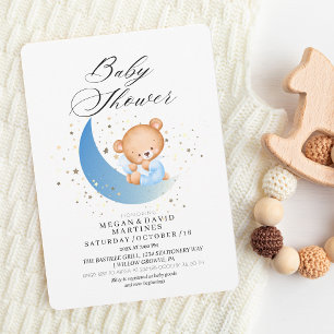 Teddy bear moon gold stars  Baby Shower  Invitation