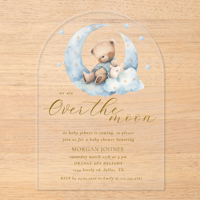 Teddy Bear Moon Over the Moon Baby Shower Acrylic Invitations (Front)