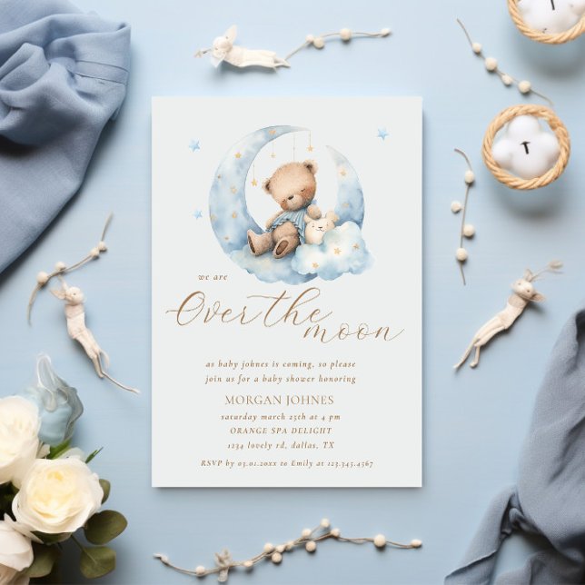 Teddy Bear Moon Over the Moon Baby Shower Invitation (Creator Uploaded)