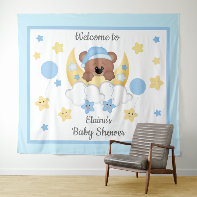 Teddy Bear Moon Stars Baby Boy Shower Backdrop Tapestry (In Situ (Horizontal))