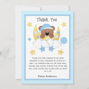 Teddy Bear Moon Stars Clouds Baby Boy Shower  Thank You Card