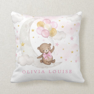 Teddy Bear Moon Stars Pink Gold Balloons Baby Girl Cushion