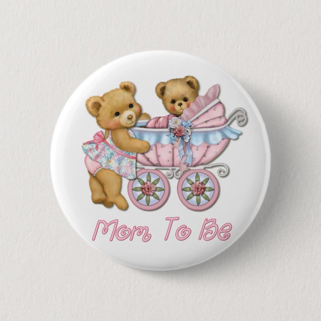 Teddy Bear Mum and Carriage - Pink 6 Cm Round Badge (Front)