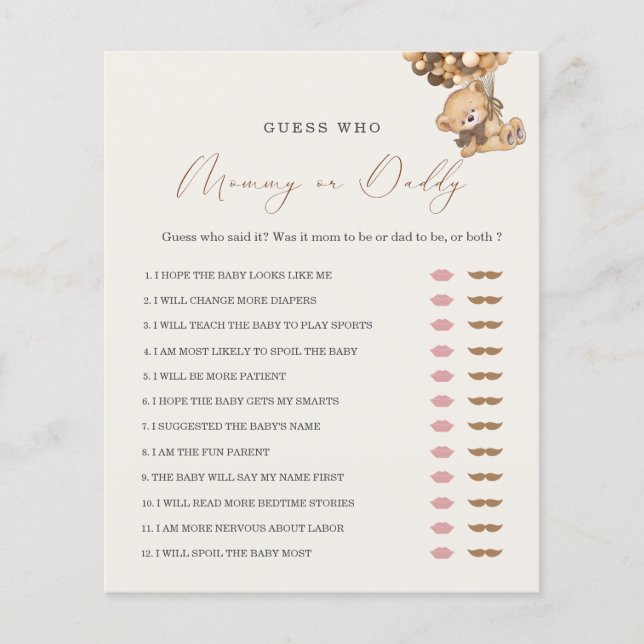 Teddy Bear Mummy or Daddy Baby Shower Game (Front)