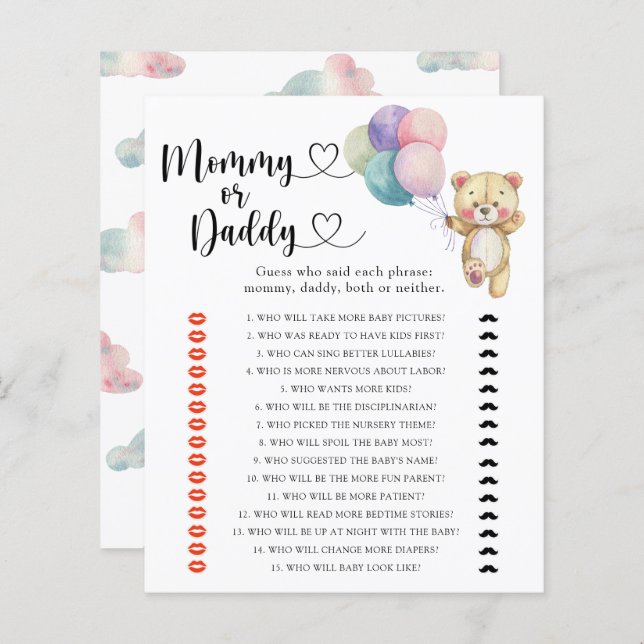 Teddy bear - mummy or daddy baby shower game (Front/Back)