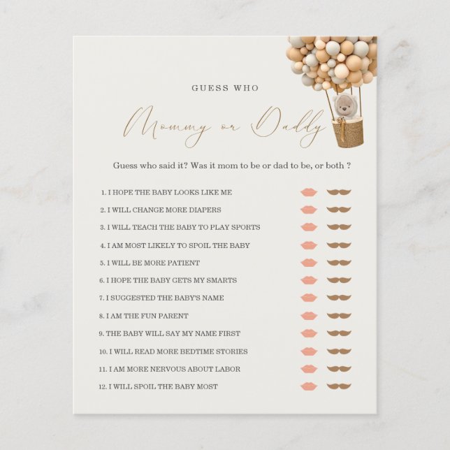 Teddy Bear Mummy or Daddy Baby Shower Game (Front)