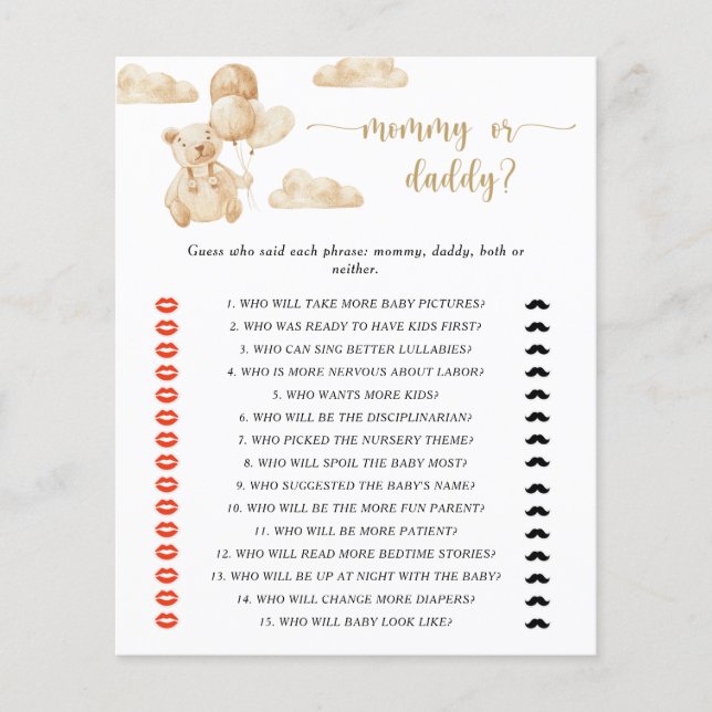 Teddy bear mummy or daddy baby shower game (Front)