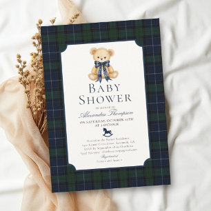 Teddy Bear Navy Plaid Tartan Boy Baby Shower Invitation