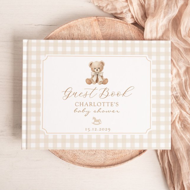 Teddy Bear Neutral Gingham Baby Shower Guest Book (Creator Uploaded)