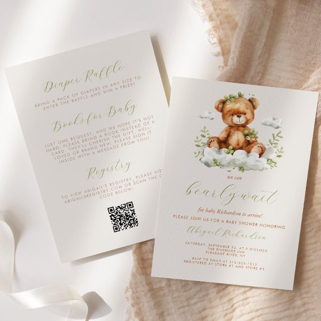 Teddy Bear Neutral Greenery QR Code Baby Shower Invitation (Creator Uploaded)