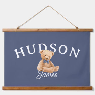Teddy Bear Nursery Name Sign Blue Kids Room Decor Hanging Tapestry