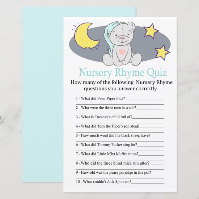Teddy bear Nursery Rhyme Quiz baby shower game (Front/Back)