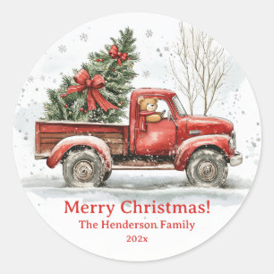 Teddy Bear Old Red Truck Vintage Christmas Classic Round Sticker