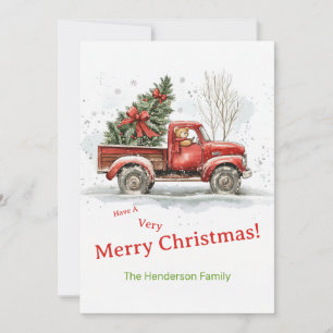 Teddy Bear Old Red Truck Vintage Christmas Holiday Card