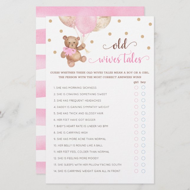 Teddy Bear Old Wives Tales Gender Reveal Baby Game (Front/Back)
