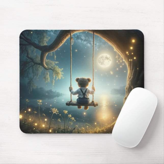 Teddy Bear On a Tree Swing With Fireflies Mouse Pad (With Mouse)