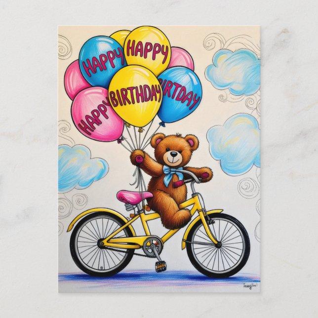 Teddy bear on bicycle holding balloons postcard (Front)