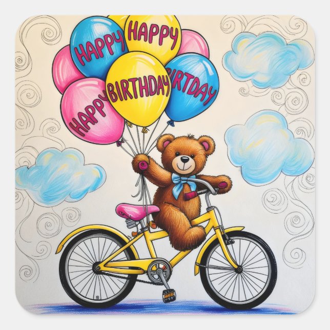 Teddy bear on bicycle holding balloons square sticker (Front)