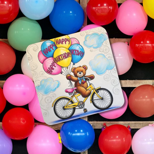 Teddy bear on bicycle holding balloons square sticker (Creator Uploaded)