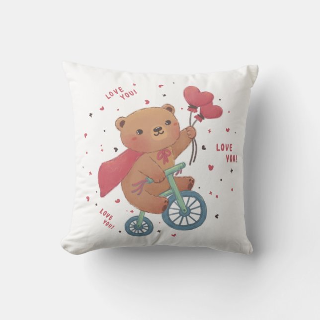 Teddy Bear on Bike: Love You! Cushion (Front)
