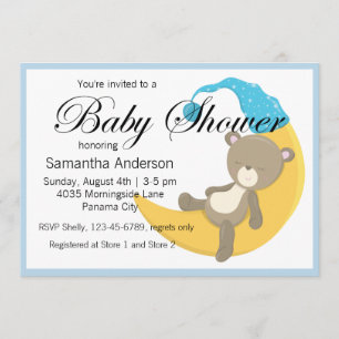 Teddy Bear on Crescent Moon Baby Shower Invitation