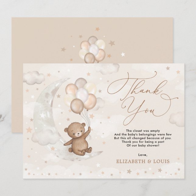 Teddy Bear on Cresent Moon | Balloons Clouds Stars Thank You Card (Front/Back)