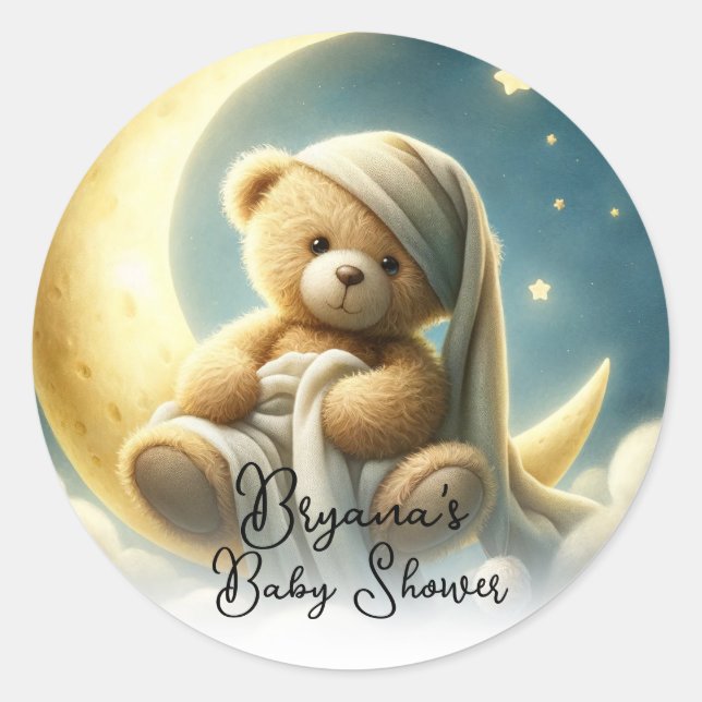 Teddy Bear on Moon Glow Stars Baby Shower Classic Round Sticker (Front)