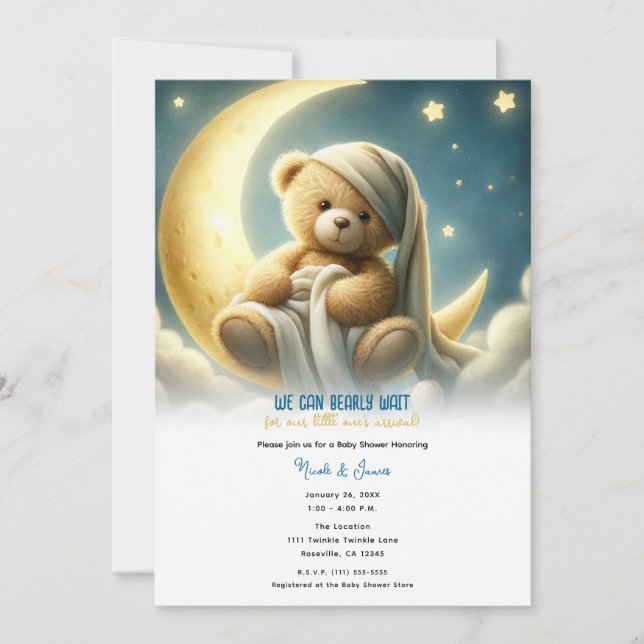 Teddy Bear on Moon Glow Stars Baby Shower Invitation (Front)