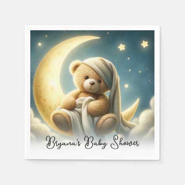 Teddy Bear on Moon Glow Stars Baby Shower Napkin (Front)