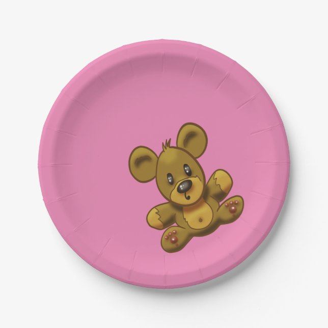 Teddy Bear on Pink Paper Plate (Front)