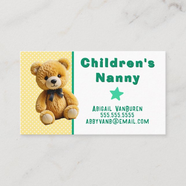 Teddy Bear on Polka Dots Nanny Babysitter Daycare Business Card (Front)