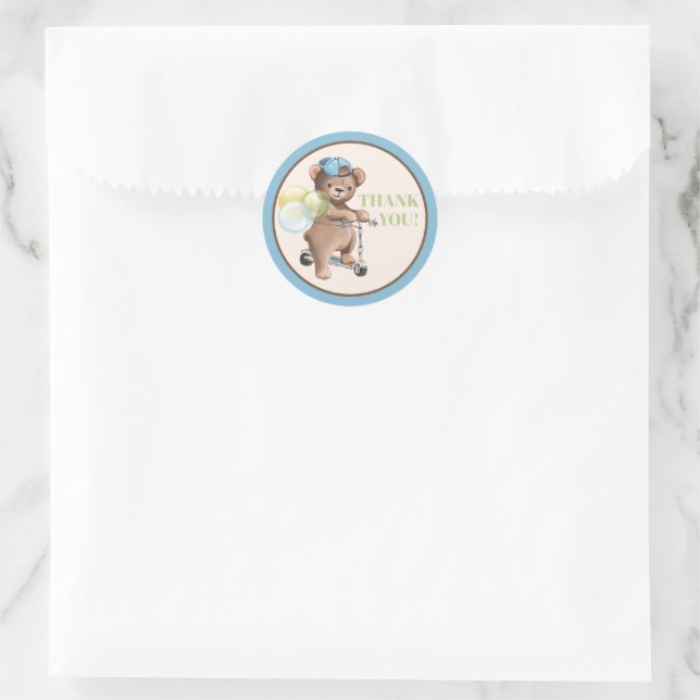 Teddy Bear on Scooter Baby Shower Thank You Classic Round Sticker (Bag)