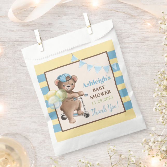 Teddy Bear on Scooter, Striped Baby Shower Favour Bag (Clipped)