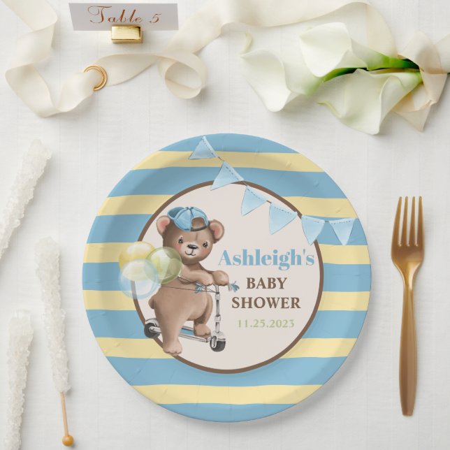 Teddy Bear on Scooter, Striped Baby Shower Paper Plate (Wedding)