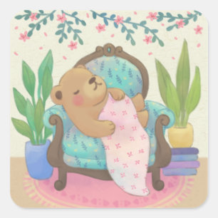 Teddy Bear on Vintage Armchair Illustration Square Sticker