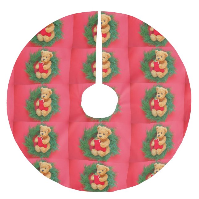 Teddy bear on wreath with stocking brushed polyester tree skirt (Front)