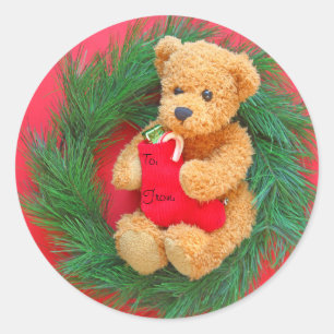 Teddy bear on wreath with stocking classic round sticker