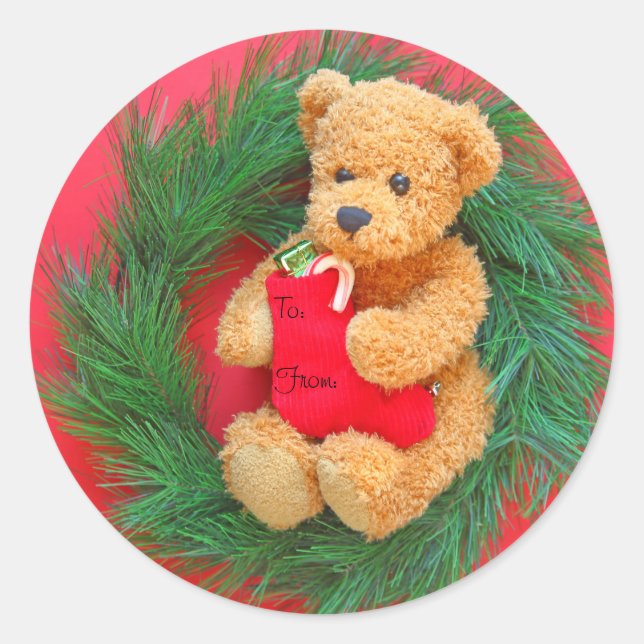 Teddy bear on wreath with stocking classic round sticker (Front)