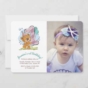 Teddy Bear One Year Old Photo Invitation