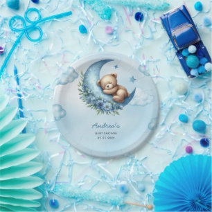 Teddy Bear Over The Moon Baby Shower Paper Plate