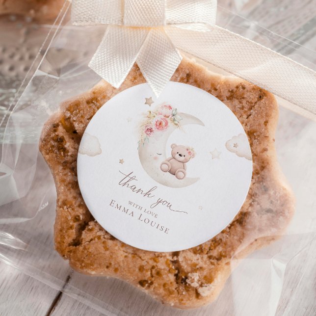 Teddy Bear Over The Moon Neutral Baby Shower  Classic Round Sticker (Creator Uploaded)