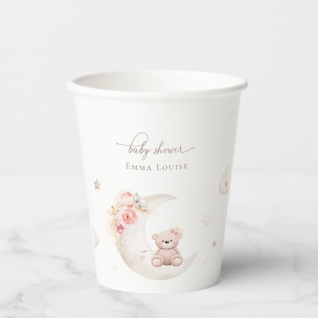 Teddy Bear Over The Moon Neutral Baby Shower Paper Cups (Front)