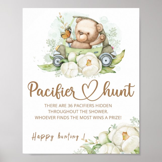 Teddy bear Pacifier hunt baby shower game poster (Front)