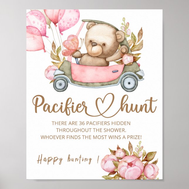 Teddy bear Pacifier hunt baby shower game poster (Front)