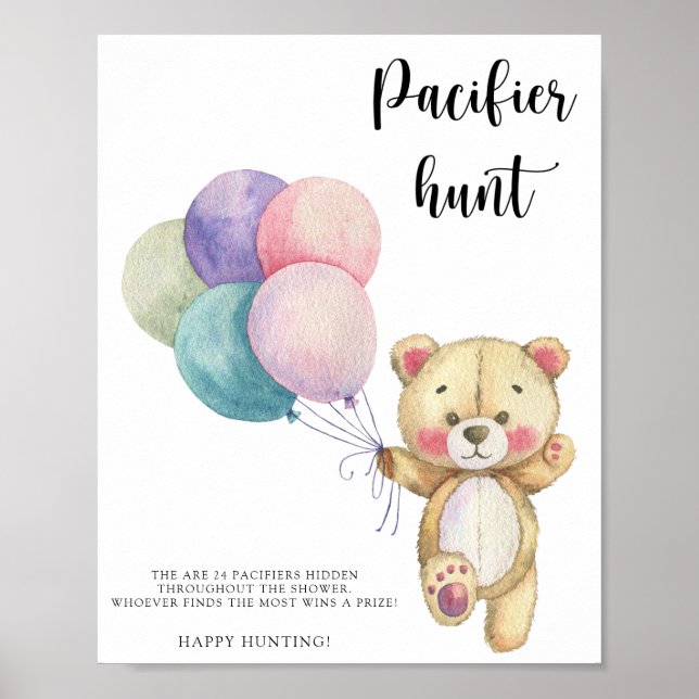 Teddy bear - pacifier hunt baby shower game poster (Front)