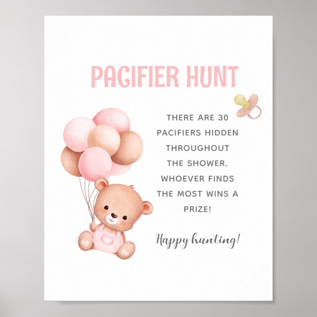 Teddy Bear Pacifier Hunt Baby Shower Game Poster (Front)