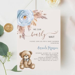 Teddy bear pampas grass blue boy baby shower invitation